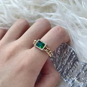 Emerald Green Gold Cuban Chunky Ring | Rectangle Green Emerald Nature Energy Ring
