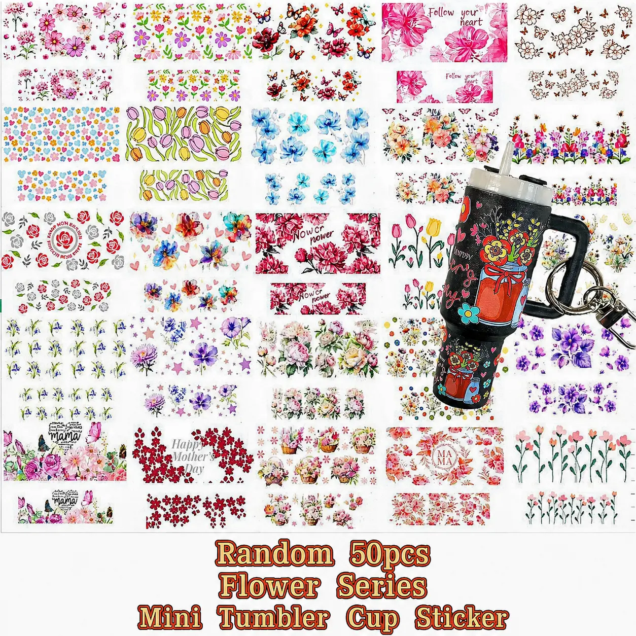 Random 50pcs Flower Series Mini Tumbler Cup Sticker