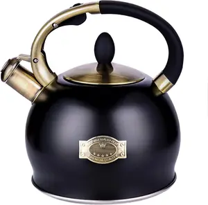 BOMPOW Stove Top Whistling Tea Kettle-Surgical Stainless Steel Teakettle Teapot with Cool Touch Ergonomic Handle,1 Free Silicone Pinch Mitt Included,2.64 Quart(BLACK)