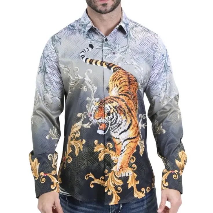 CAMISA PLATINI DE TIGRE CON PEDRERIA