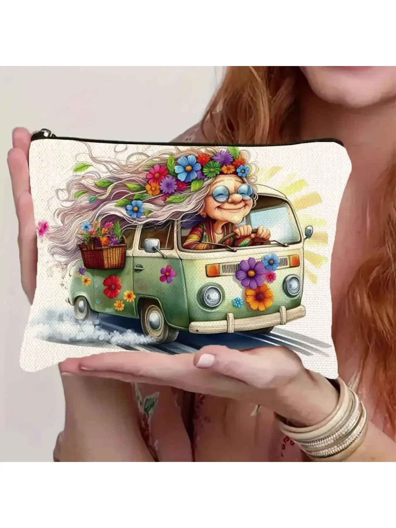 Fashionable Retro Hippie Style Makeup Bag | Grandma-Style Printed Storage Bag | Reusable Travel Portable Pouch | Women'S Daily Small Item Organizer