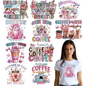Pink Coffee Iron on Transfers for T-Shirts 10Pcs DTF Decals Ready to Press Heat Resistant Vinyl Patches Stickers for Clothing Pillow Hat Jeans DIY Supplies