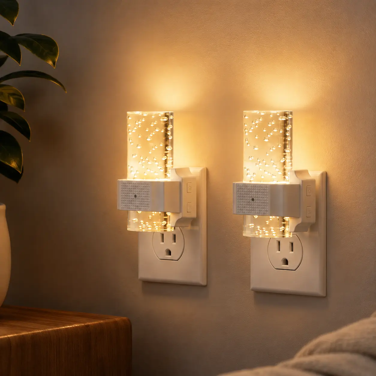 2-Pack Dimmable LED Plug-In Night Lights, 7 RGB Color-Changing Lighting Effects, Acrylic Dusk-to-Dawn Sensor Nightlights, 0–100 LM Adjustable Brightness, 3000K Warm White for Bedroom, Bathroom, Hallway, Stairs, Kitchen & Nursery