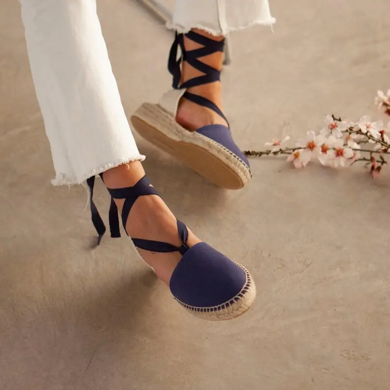 Authentic Espadrilles for Women - Tamarita Eco Canvas Vegan Espadrille Wedges - Navy