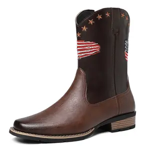 Men's fashion high top cowboy boots, stars and stripes pattern, non-slip comfortable and durable shoes, suitable for outdoor travel walking