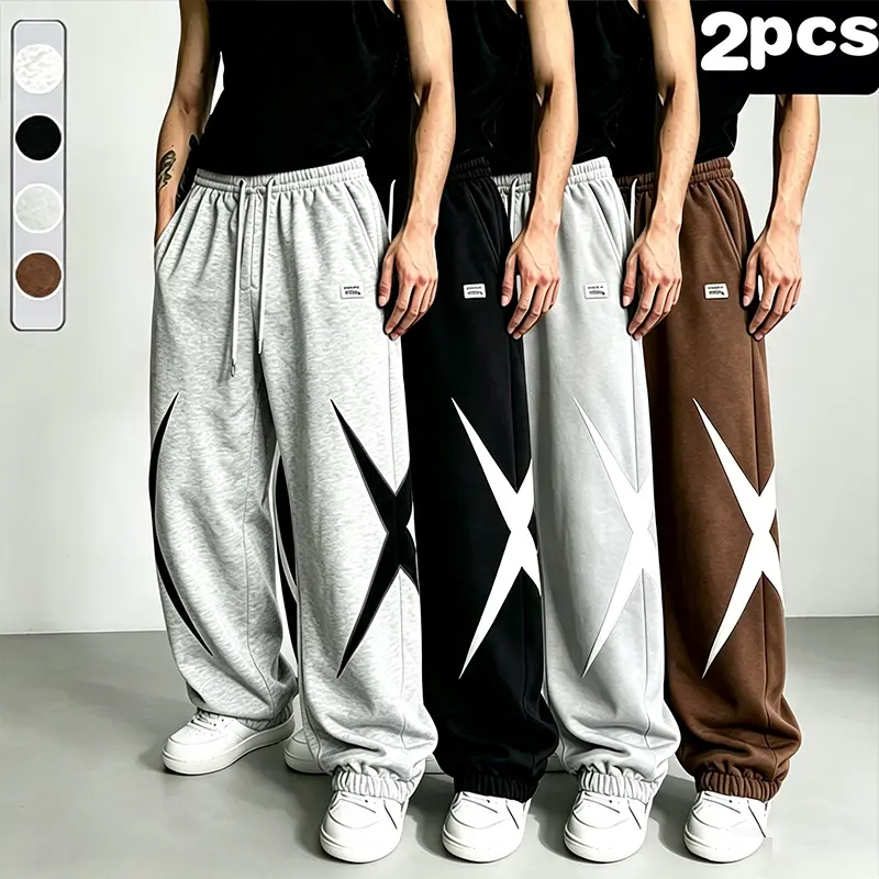 Black and white star logo spliced sweatpants for men, loose and wide leg bound pants, student trendy brand versatile casual sports pants
