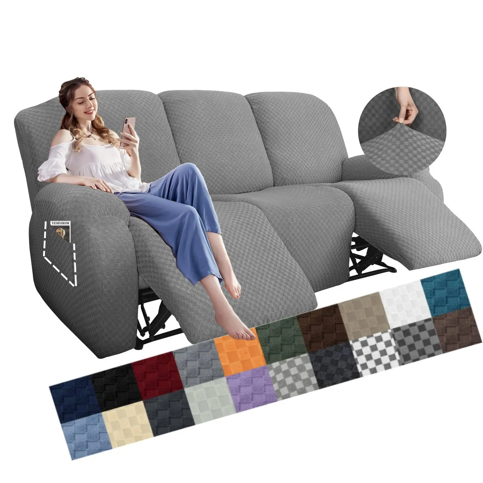 YSTYLE 1/2/3  Seat Stretch Recliner Sofa Cover Latest Jacquard Reclining Couch Cover with Side Pocket Anti-Slip Fitted 3 Cushion Furniture Slipcovers with Elastic Bottom (Sofa Recliner)