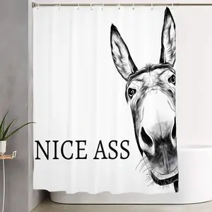 1/4pcs Humorous Donkey Themed Bathroom Set - Black & White Donkey Face Shower Curtain, Shower Curtain Sets, Matching Bath Mats & Toilet Lid Cover with 'NICE ASS' Text - Perfect for Funny Home Decor, Birthday, Housewarming Gift