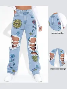 Women's High Waist Ripped Wide Leg Jeans, Bottom, Sunflower Print Y2K Street Style Distressed Denim Jeans, Fashionable Casual Everyday Wear