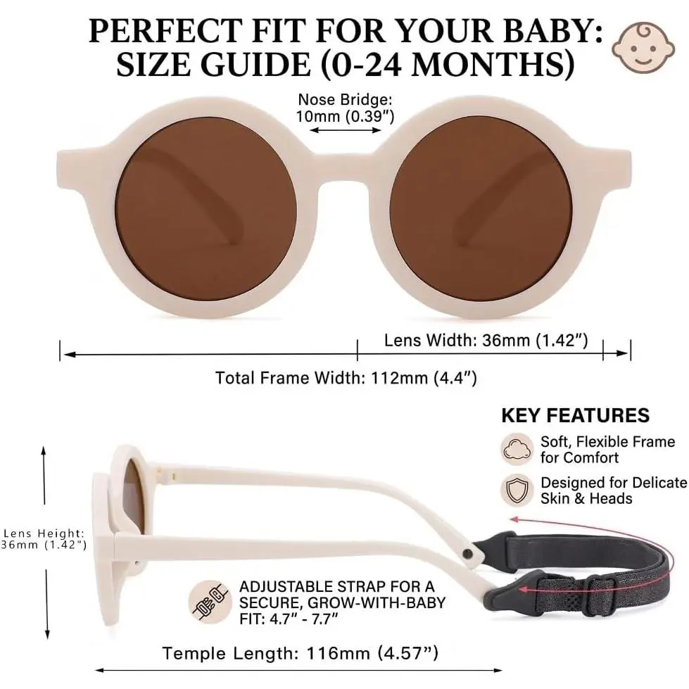 ST-01 Newborn Polarized Round Eyewear - 0-24 Months Infant Casual Glasses with Flexible Frame, Sun Protection, Soft Plastic Strap (A1 Pink/Brown, A3 Green/Brown)