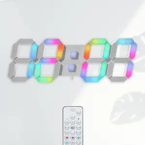 Wall Clock 15inch RGB Digital LED Clock for Living Room Decoration with Large Display, Dimmable/12/24 Hour Time/Date/Temperature/Remote Control (White Clock with Neon Light)