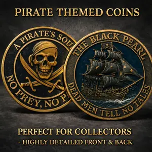 Pearl Ship Relief Commemorative Coin, Skull Crossed Swords Design, Vintage Pirate Style, Dual-Sided Stereo Carved Collectible Coin