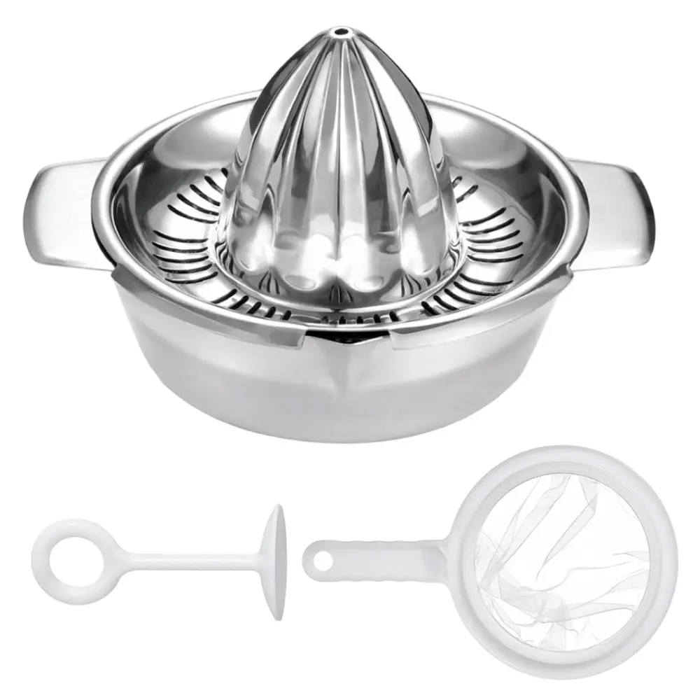 3 pcs manual fruit juicer set, including stainless steel citrus juicer, filter screen, and residue press rod, used for making orange, lemon, and lime juice, suitable for daily kitchen use, easy to clean
