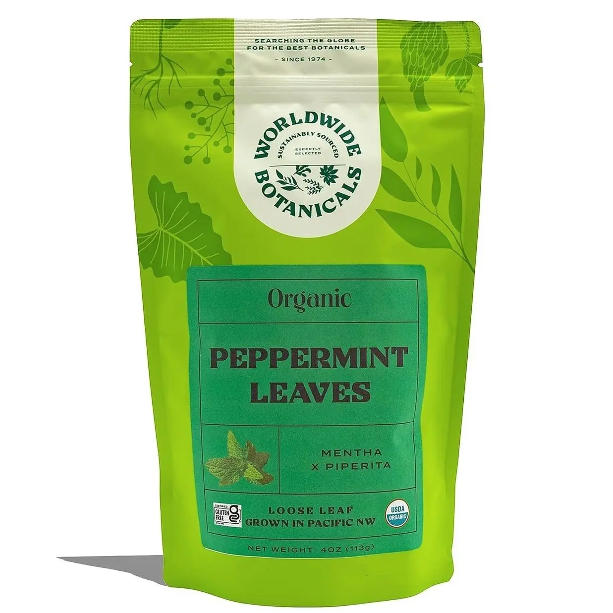 Worldwide Botanicals Organic Peppermint Loose Leaf Tea, 4 oz - Pacific Northwest Organic Cultivation, Highly Aromatic Digestive Tea, Antioxidant, Caffeine Free