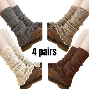 Women's Fashion Knitted Crochet Long Boot Socks 4 Pairs, Cable Knit Design in Multiple Colors, Stylish Leg Warmers for Fall Winter, Elegance Basic Minimalist Style Stitch Leg Warms