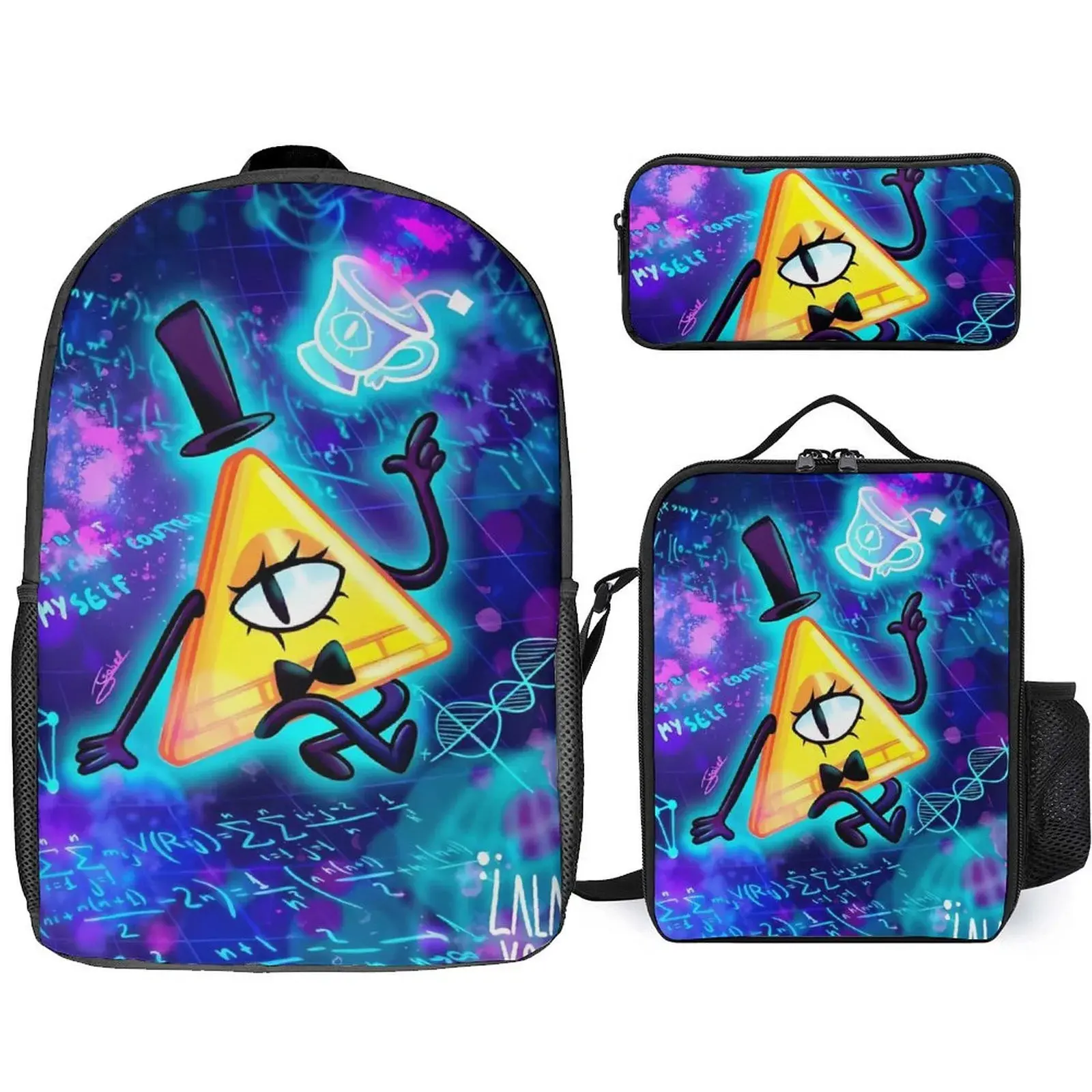 Gravity Falls Bill Cipher 3-Piece Backpack Set with Chic Zip Lunch Bag & Pencil Case, High-Capacity Ergonomic Back to School Haul Pencil Set Schoolbags & Backpacks for School Use