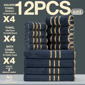 12-Piece Bath Towels Set, Bathroom Towel Set, Modern Luxury Trim, Quick-Dry Super Absorbent Microfiber, Suitable for Home Camping Hotel School Factory