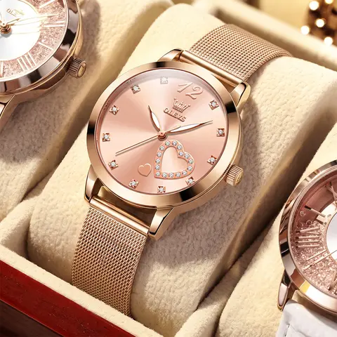 OLEVS L5189 Women's Fashion Watch Luxury Rose Gold Quartz Elegant Milanese Mesh Loop Band Waterproof Round Dial Interlocking Heart Design Rhinestone Markers Luminescent Analog Wristwatch Trendy Female Timepiece Anniversary Birthday Gift Box Set for Wife