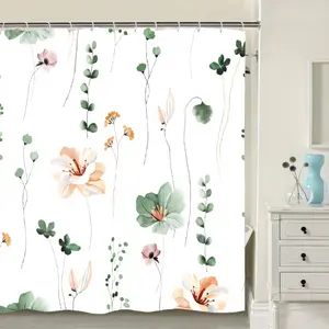 Watercolor Floral Shower Curtain, Sage Green Beige Flower Shower Curtain for Bathroom, Modern Minimalist White Waterproof Fabric Shower Curtain Set 72x72 Inch