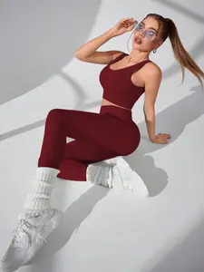 Two-Piece Set Women's Solid Ribbed Crop Tank Top & High Waist Leggings Tracksuit Set, Gym Sets, Sporty Breathable Comfy for Yoga Gym Workout Running Outfits, Ladies Sportswear for All Seasons, Yoga Clothes Set