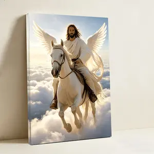 Cloud White Horse Savior Wall Art, European‑American Style Sacred Decorative Painting for Bedroom with Religious Atmosphere