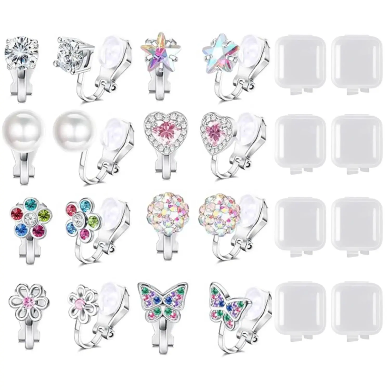 8 Pairs Kids Clip On Earrings with 8 Mini Storage Boxes, Colorful Crystal Non Pierced Clip Earrings, Cute Butterfly Heart Flower Star Fake Earrings, Adjustable Comfort Clip Jewelry for Little Girls Party Dress Up