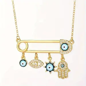 Gold Plated Evil Eye Hamsa Hand Necklace – Rhinestone Safety Pin Charm Jewelry for Women & Girls Boho Protection Symbol Trendy Accessory for Casual & Special Occasions