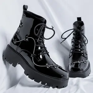 Comfortable Glossy Square Toe Men's Platform Boots - Lace-up Casual Walking Shoes - Easily Wiped Clean Black Boy