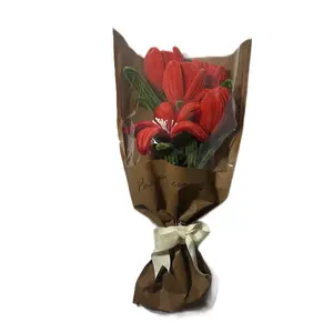 Handmade Bouquet of Pipe Cleaner Tulips and Lily with Brown Paper and White Ribbon