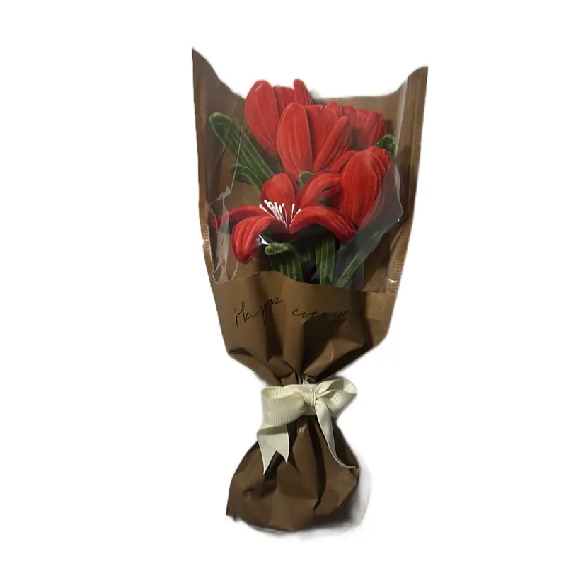 Handmade Bouquet of Pipe Cleaner Tulips and Lily with Brown Paper and White Ribbon