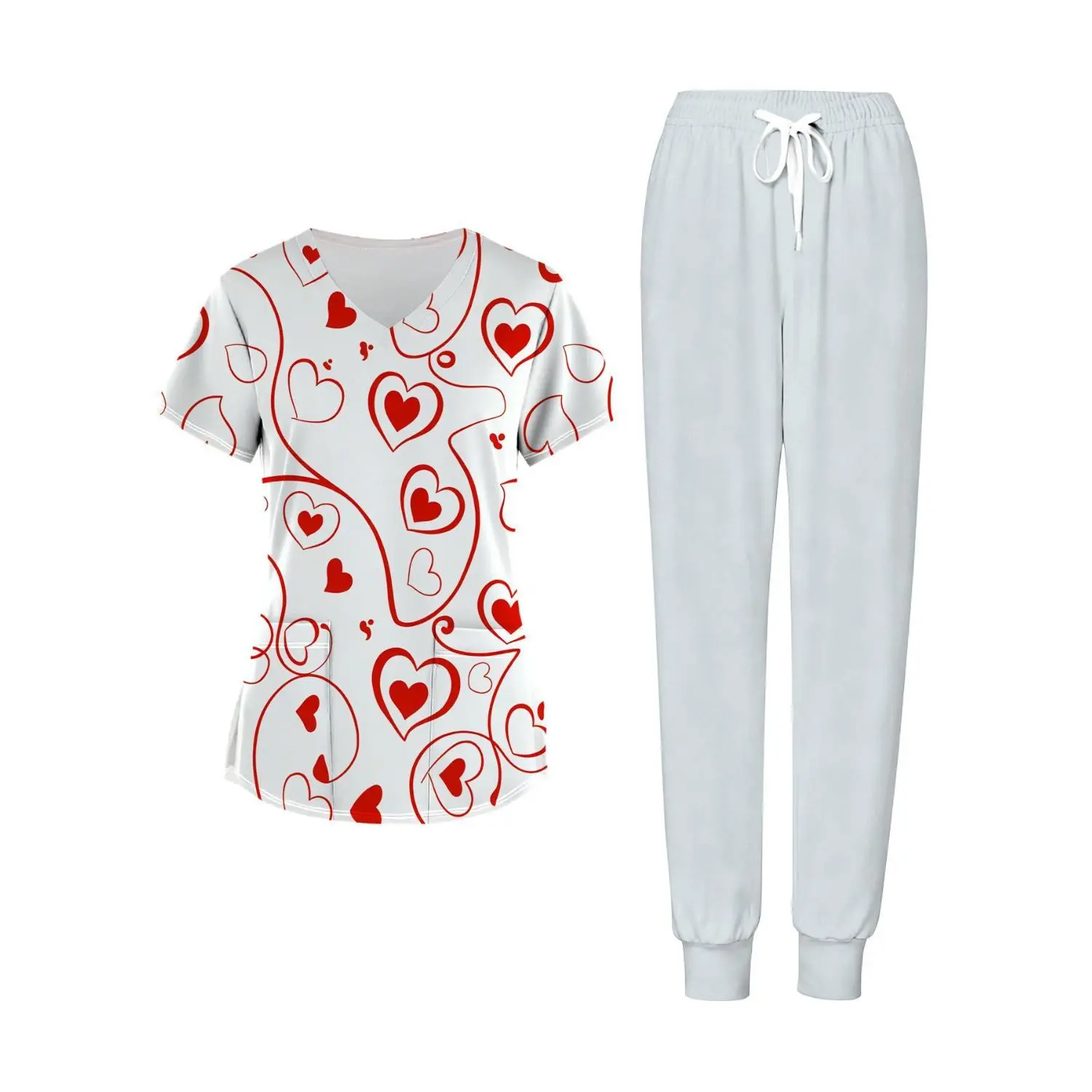 Valentine's Day Plus Size Women's V-Neck Heart Two-Piece Set - Red & White Top and Pants Scrub Outfit