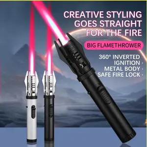 Torch Lighter, Bright Fire Lighter with Safety Lock and Adjustable Red/Blue Flame, Refillable Butane Gas Windproof Jet Flame Cool Lighters, for Candles Campfires BBQ Baking, Camping, Gift(Without Butane Gas)