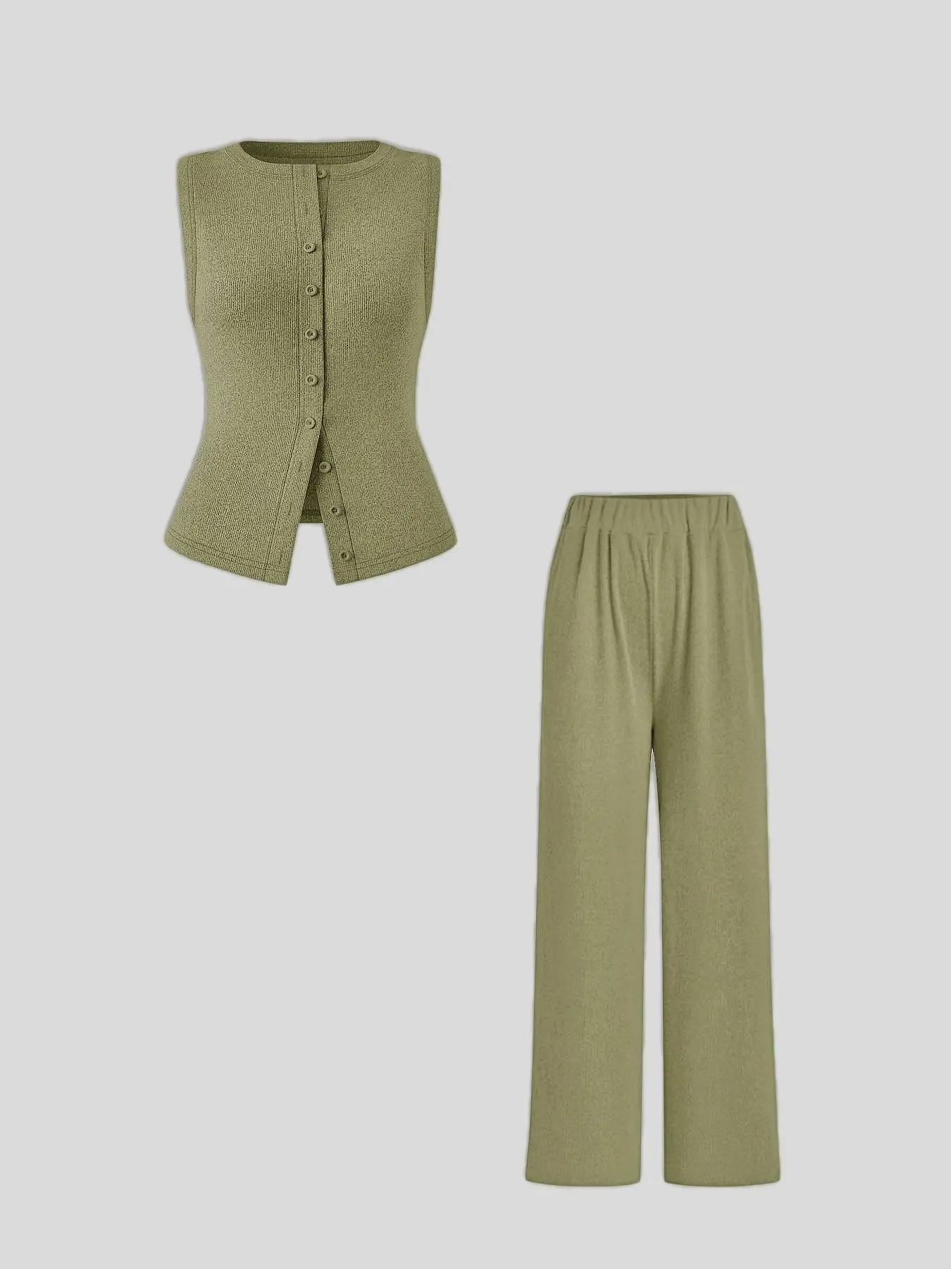 Elegant Sleeveless Button Front Knit Cardigan & Long Pants Set, Spring Summer Fall Fashion, Casual Office Wear, Women's Clothing