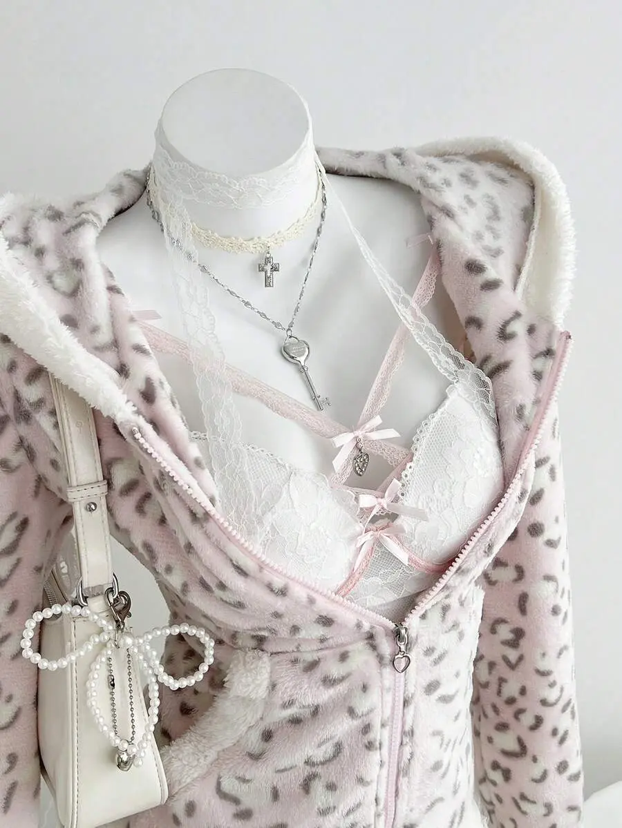 Women Casual Leopard Print Pink Zip-Up Sweatshirt, Thermal Lined Soft Fitted Hoodie For Fall Winter, Y2k Everyday Loungewear Back To School Colorblock, Night Out, Loungewear, Soft Cute
