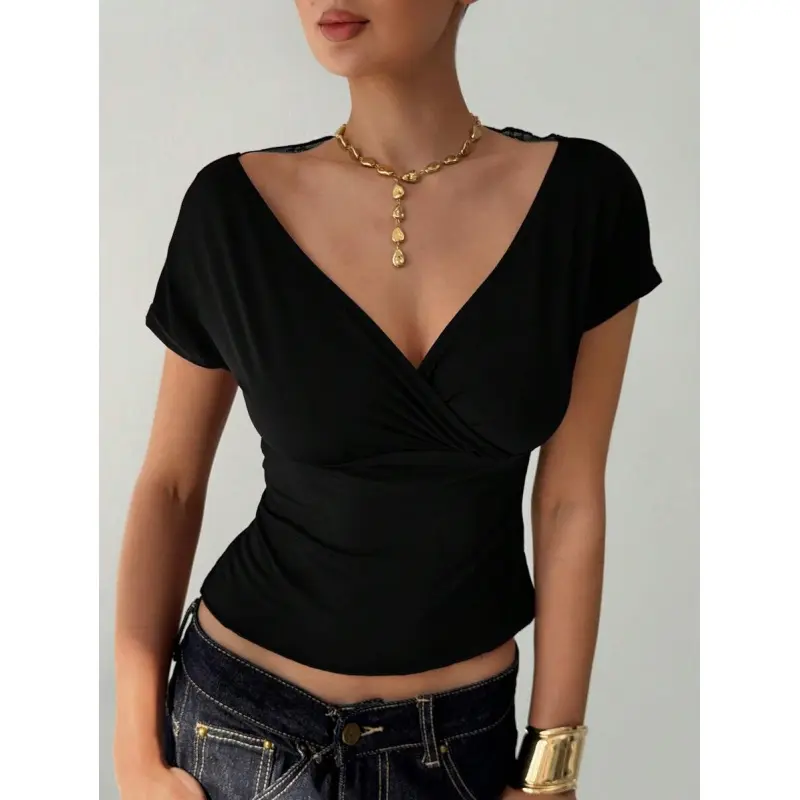 Women's burgundy T-shirt, sexy lace see-through back design, burgundy lace-trimmed V-neck short-sleeve T-shirt, suitable for women's summer vacation wear