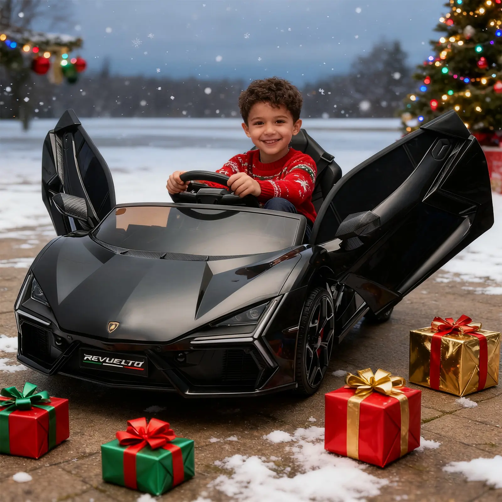 GARVEE Licensed Lamborghini Revuelto 12V Electric Ride-On Car with Ride on Wheels - Dual 25W Motors, Lockable Doors, Battery-Powered Sports Toy for 3-4 Years Kids (37+ Months), Remote/Self-Drive, Bluetooth Audio, Headlights, Music, Black