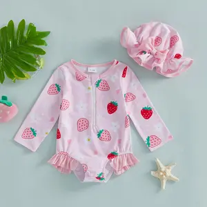 Meihuida Toddler Baby Girl Swimsuit Strawberry Print Bathing Suit  Ruffle Long Sleeve Zipper Rash Guard Swimwear