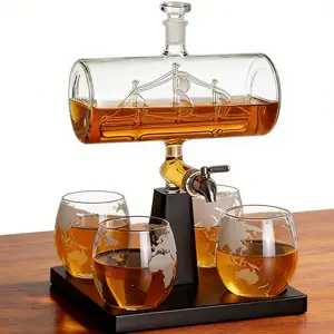 Sailboat-shaped decanter set, includes 4 engraved whiskey glasses, 1000ml/37.2oz - suitable for whiskey, vodka, wine, bourbon, tequila, etc., men's Valentine's Day/Father's Day/birthday gift, home bar set, Liquor decanter set, Home bar accessories