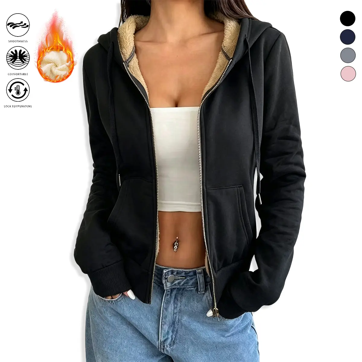 Cropped length, women’s fleece-lined hooded sweatshirt with cardigan style, women’s hoodie, solid color, thick fleece lining, suitable for outdoor sports and casual wear, women’s sweatshirt, women’s outerwear, women’s top, womenswear