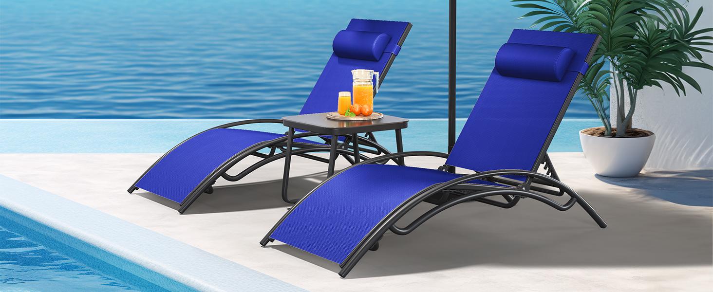 YITAMOTOR 1 Set (2 lounge chairs and a side table) Outdoor Chaise Lounge Chair Pool Lounge Chairs with Side Table & 5-Position Adjustable Backrest, Sunbathing Recliner for Poolside, Backyard, Lawn, Deck - Navy YITAMOTOR 1 Set (2 lounge chairs and a side table) Outdoor Chaise Lounge Chair Pool Lounge Chairs with Side Table & 5-Position Adjustable Backrest, Sunbathing Recliner for Poolside, Backyard, Lawn, Deck - Navy