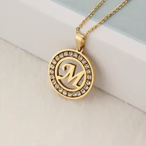 Round Rhinestone 26 Alphabet Letter Pendant｜Titanium Steel Gold Plated Choker Necklace daily wear party gift