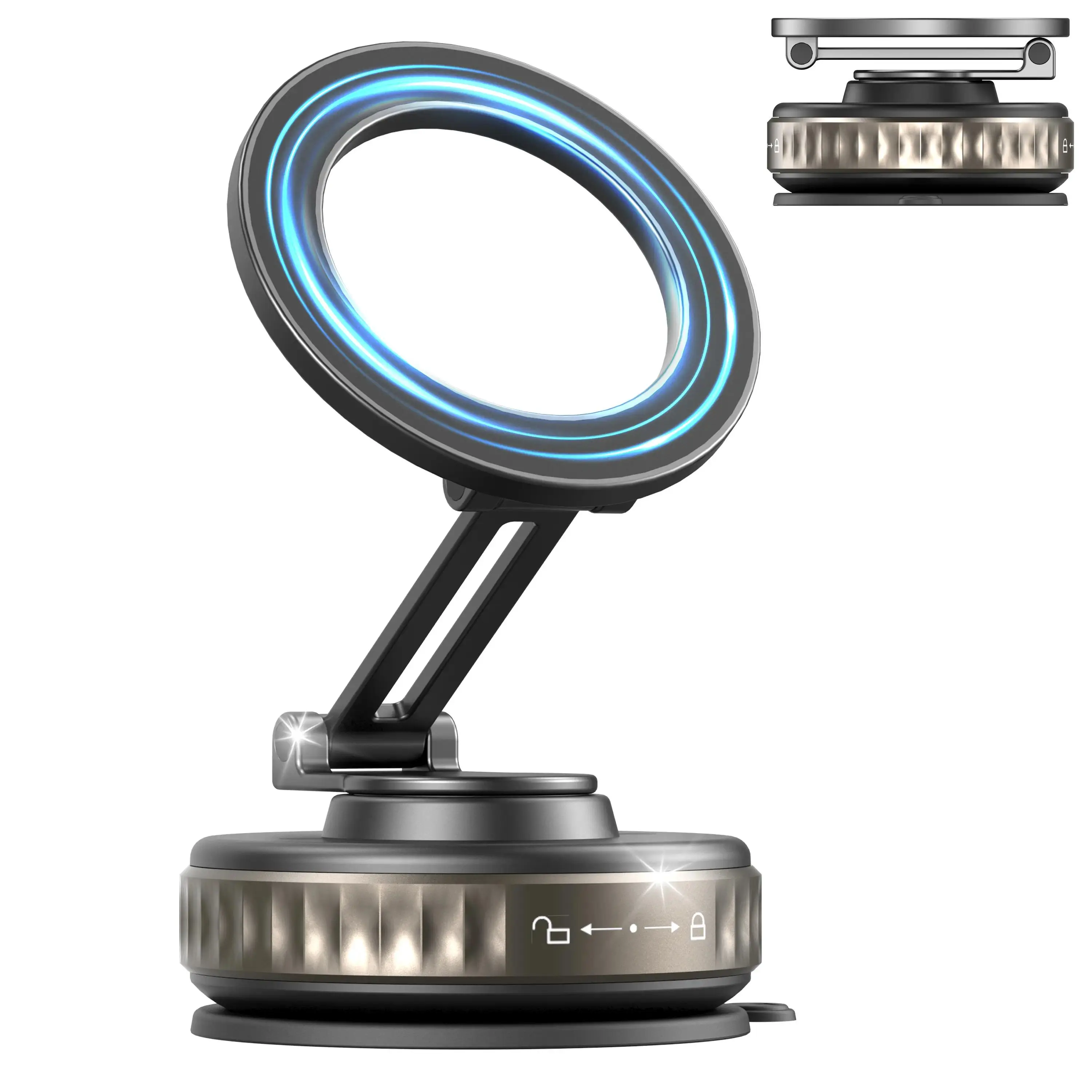 Universal Magnetic Portable Smartphone Holder - Strong Vacuum Suction Cup, 360° Adjustable Foldable Design, 2400gf Strength, 3 Premium Metal Rings, Direct Attachment, Magsafe Models Compatible, for Vehicles Dashboards, Gym, Home Supplies, All Iphone 12-16