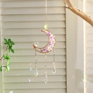 Crystal Sun Catcher Handmade Amethyst Moon Frame Suncatcher for Indoor Outdoor Decor Dreamy Light Shadow Effect Rainbow Maker Bless Gift