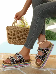 Women's Ethnic Style Rhinestone Thick Sole Sandals, Bohemian Summer Comfort Outdoor Shoes, Easy Match Vacation Sparkly Sandals