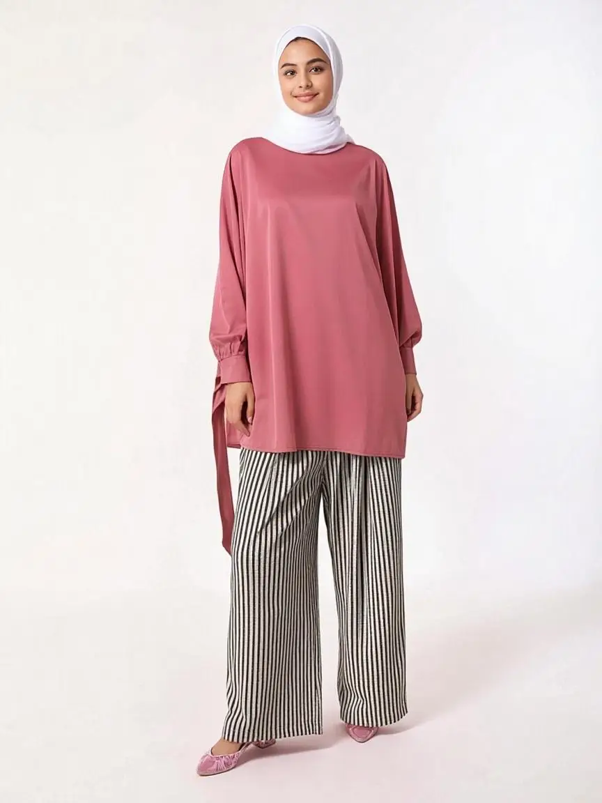【Modest Fashion】Women's Striped Print Drawstring Waist Wide Leg Pants, Casual Four Seasons Pocket Trousers, Everyday Comfortable Ladies' Bottoms