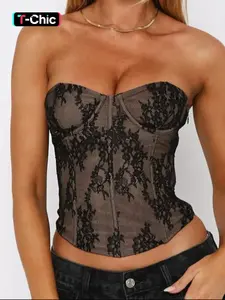 Women's Lace Splicing Sleeveless Strapless Corset Tube Top Sexy Plain Backless Cropped Tank Tops Streetwear