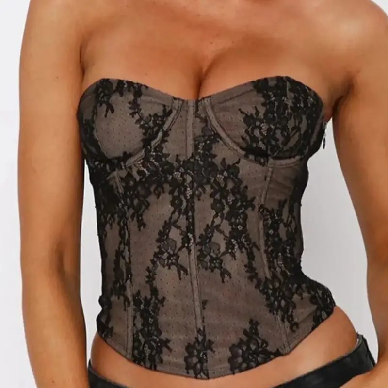 Women's Lace Spliced Sleeveless Strapless Corset Tube Top, Sexy Floral Backless Cropped Short Top, Streetwear Summer Women's Clothing Summer Tops Trendy