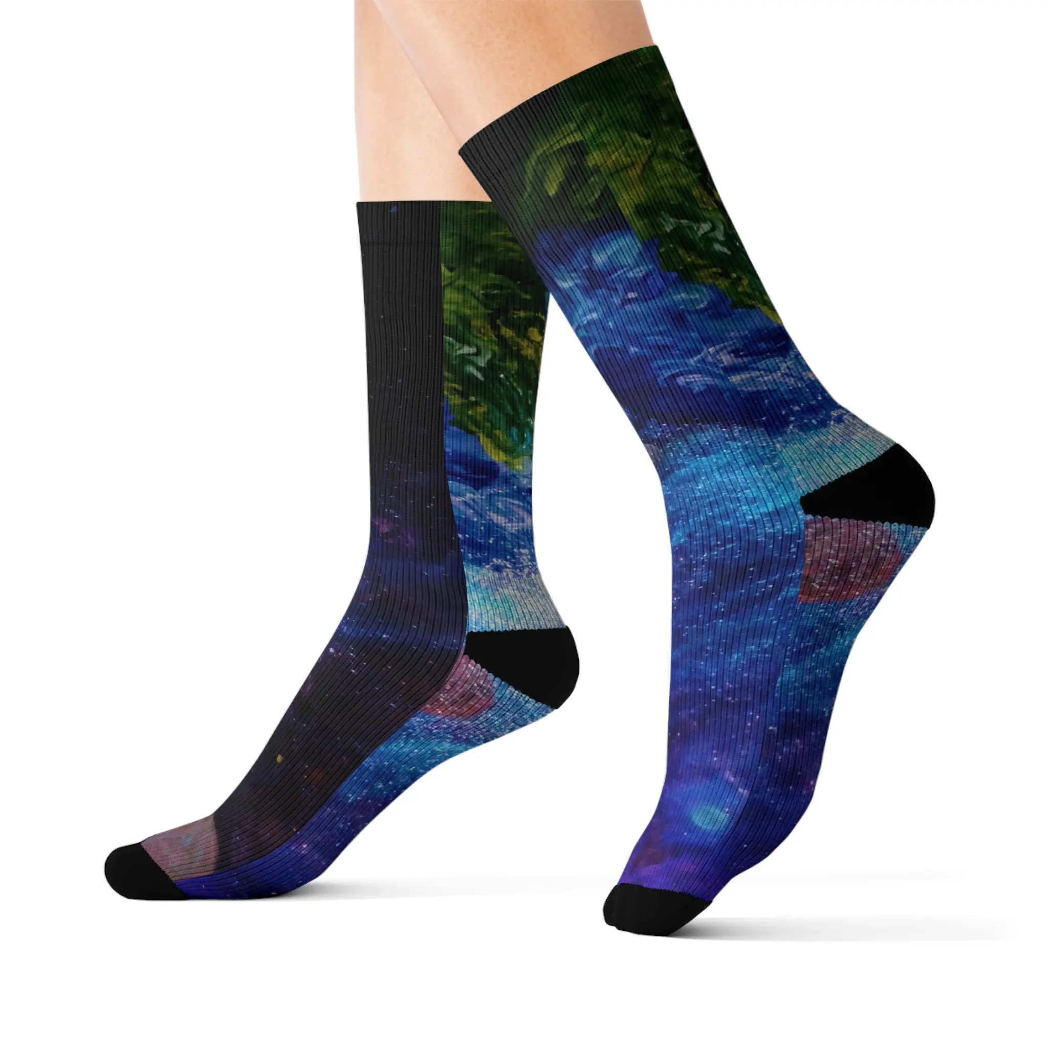 Menswear Fleece Galaxy Nebula Print Socks, Soft Ribbed Sublimation Space Crew Socks