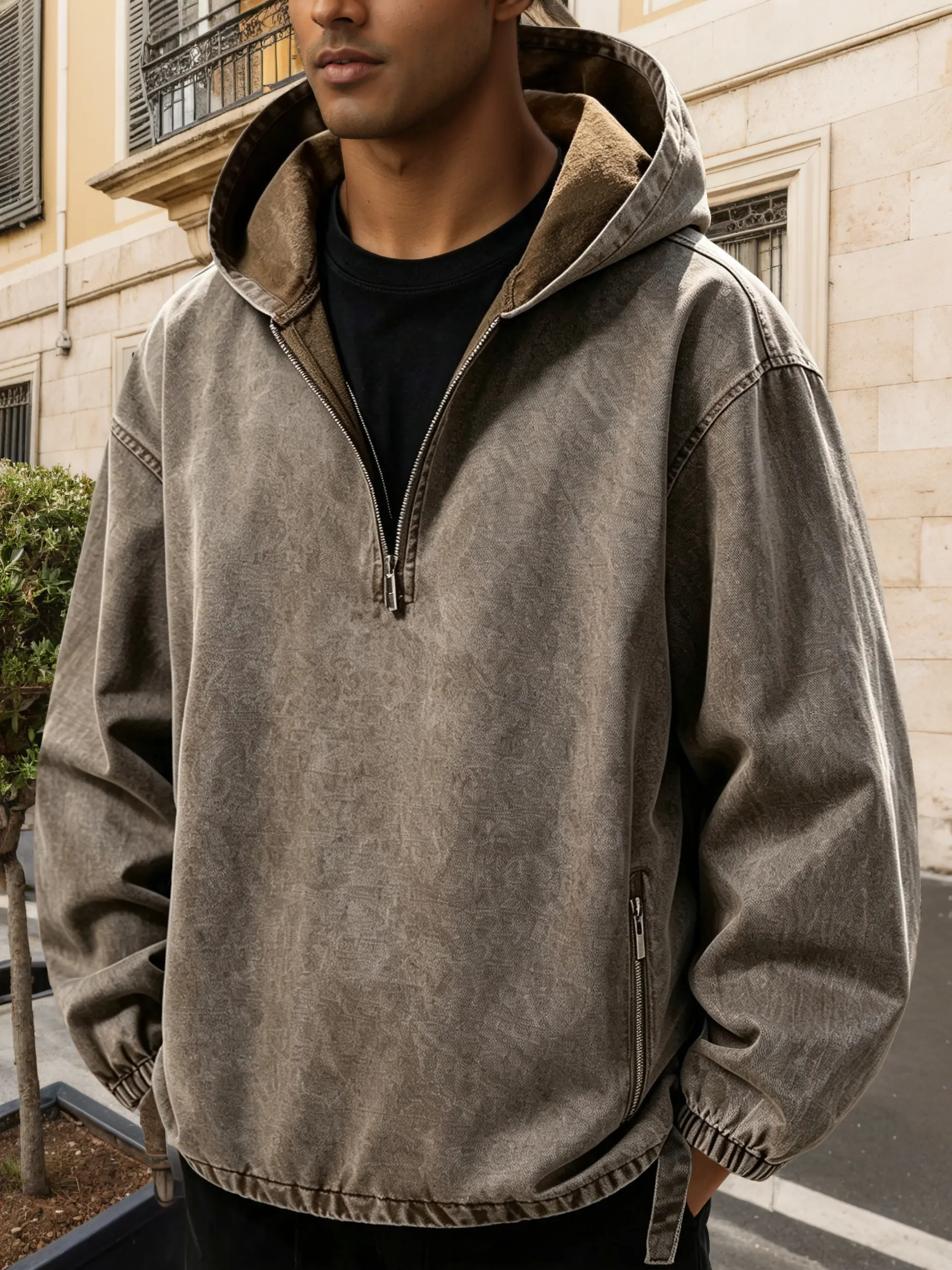 Men’s vintage washed half-zip hoodie denim sweatshirt, loose canvas pullover workwear top with side zipper pockets, available in two colors—an ideal choice for autumn outfits. Menswear