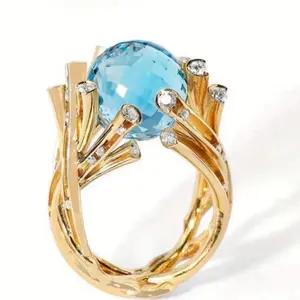 Blue Sphere Ring Gold Plated Unique with Elegant Design and Blue Gemstone Centerpiece